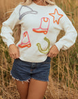Western Tinsel Boots Crew Neck Sweater