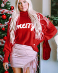 Christmas Merry Embroidered Puff Sleeve Turtleneck Sweater