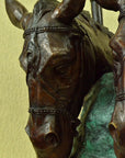 Art Deco 70 LBS Two Horses Head Bust Bronze Sculpture Marble Base Figurine