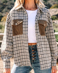 Plaid Corduroy Patchwork Pocketed Button-Up Shacket