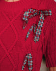 Christmas Plaid Lace-Up Puff Sleeve Sweater