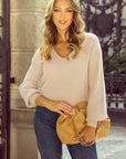 Bow Back  Lantern Sleeve V-Neck Sweater