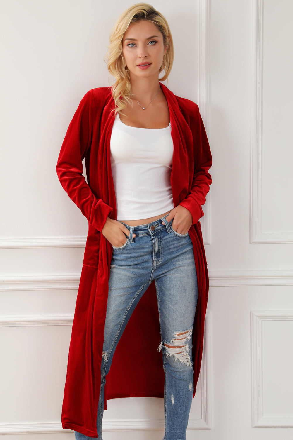 Velvet Open-Front Pocketed Cardigan