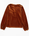 Velvet Lantern Sleeve Beaded V-Neck Blouse