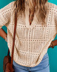 Loretta Turn-down Collar Hollowed Knit Short Sleeve Top