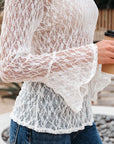 Sheer Lace Bell Sleeve Mock Neck Blouse