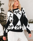 Bow Colorblock Rhombus Drop Shoulder Sweater