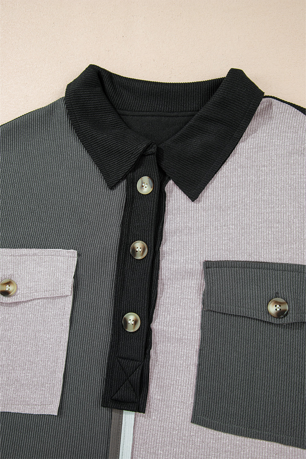 Colorblock Collared Ribbed Patchwork Pocketed Sweatshirt