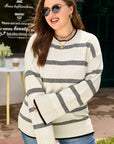 Plus Size Stripe Wide Sleeve Crewneck Sweater