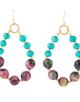 Jeweled Blue Magnesite and Mulicolor Tiger's Eye Golden Drop Earrings