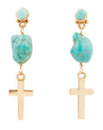 Blue Turquoise On The Cross Golden Post Earrings