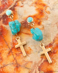 Blue Turquoise On The Cross Golden Post Earrings