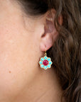 Blue Turquoise and Red Quartz Flower Golden Earrings