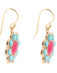Blue Turquoise and Red Quartz Flower Golden Earrings