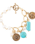 Blue Turquoise and White Pearl Multi Charm Golden Bracelet