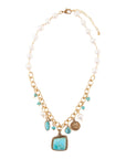 Blue Turquoise and White Pearl Multi Pendant Golden Necklace