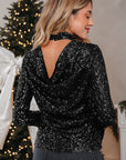 Solid Sequin Backless Bell Sleeve Top