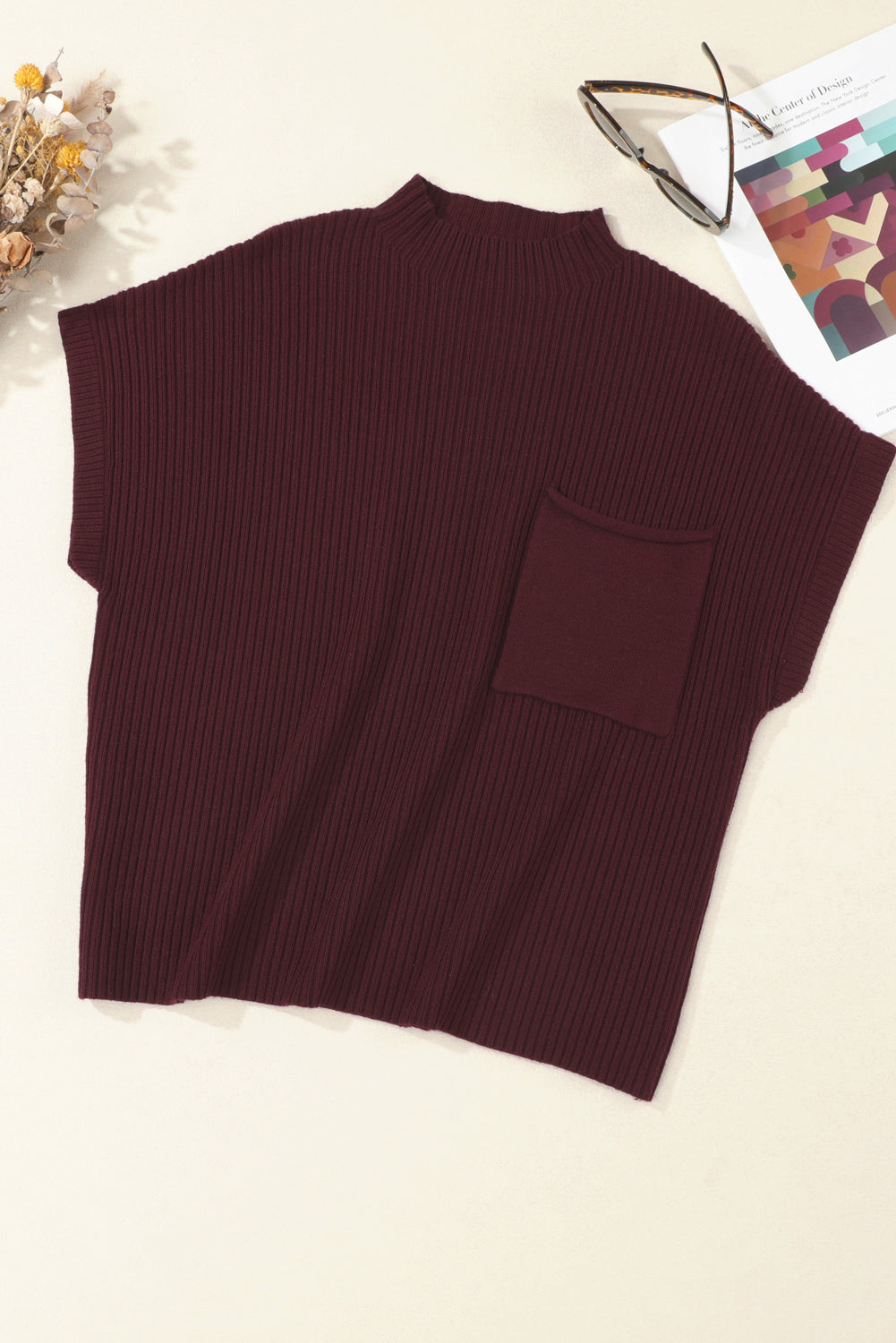 Solid Ribbed Knit Patch Pocket Short Sleeve Sweater