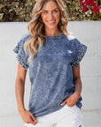 Kelly Acid Wash Pearl Embellishments Denim Top