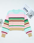 Stripe Ribbed Trim Crewneck Cropped Sweater