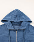 Solid Corduroy Zip-Up Pocketed Hooded Jacket