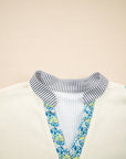 Floral Stripe Collared V-Neck Drop Sleeve Sweatshirt