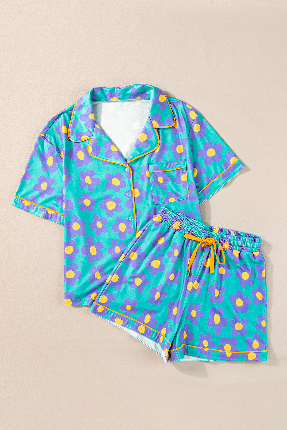 Flower Print Buttoned Shirt And Drawstring Waist Pajama Set