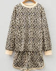 Leopard Contrast Trim Pullover and Drawstring Shorts Set