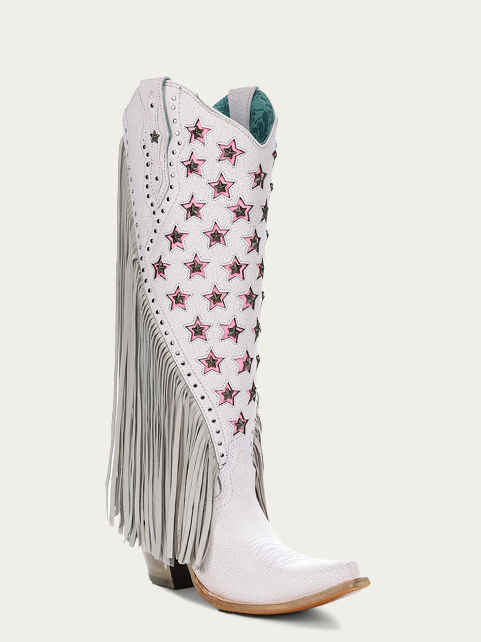 C4084 - WOMEN&#39;S LUMINESCENT EMBROIDERY AND PINK STARS WITH LAMB FRINGE WHITE SNIP TOE COWBOY BOOT