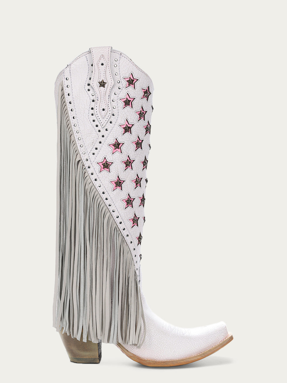 C4084 - WOMEN&#39;S LUMINESCENT EMBROIDERY AND PINK STARS WITH LAMB FRINGE WHITE SNIP TOE COWBOY BOOT