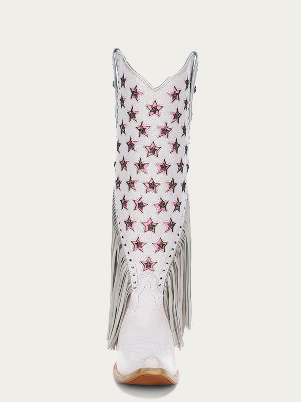 C4084 - WOMEN&#39;S LUMINESCENT EMBROIDERY AND PINK STARS WITH LAMB FRINGE WHITE SNIP TOE COWBOY BOOT