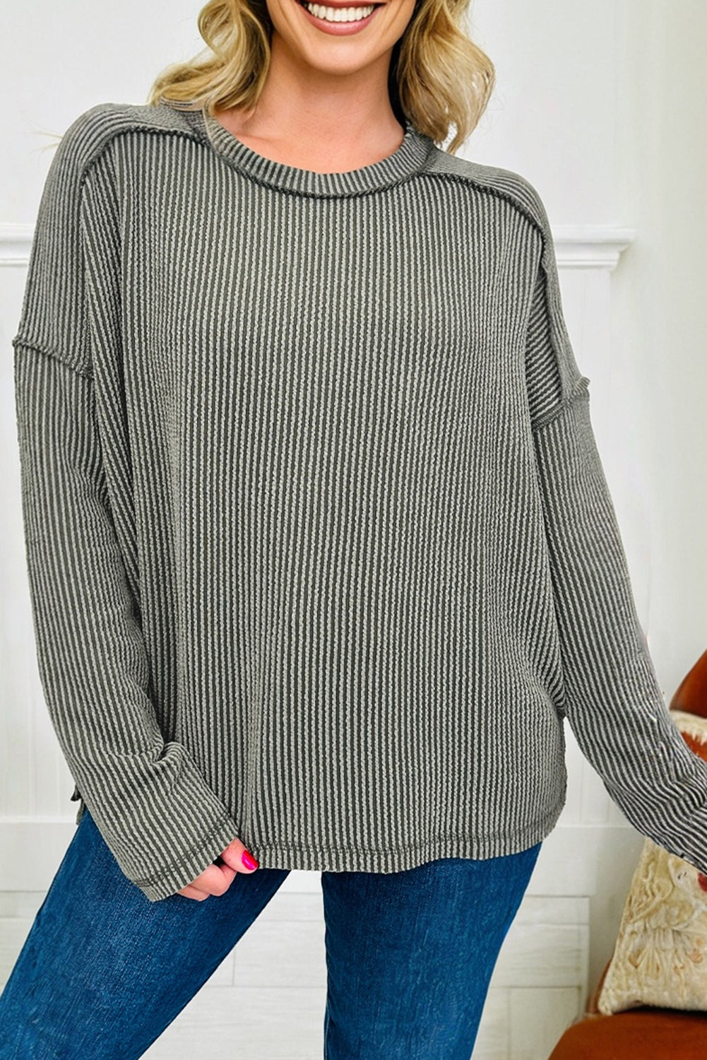 Solid Corded Knit Reverse Seam Long Sleeve Top