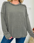 Solid Corded Knit Reverse Seam Long Sleeve Top