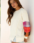 Plaid Patchwork Long Sleeve Exposed Seam Top