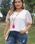 Kinslee Contrast Floral Puff Sleeve Ribbed Knit Plus Size Blouse