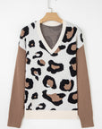 Leopard Colorblock Drop Shoulder V-Neck Sweater