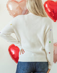 Valentine Heart Sequin Ribbed Knit Crewneck Sweater