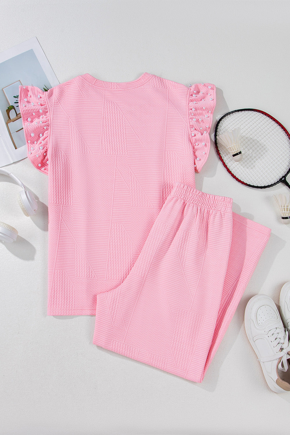 Elaine Textured Pearled Ruffled Sleeve Set