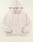 Solid Corduroy Zip-Up Pocketed Hooded Jacket