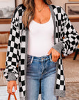 Checker Open Front Drop Shoulder Cardigan