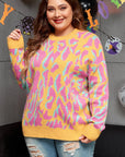 Plus Size Leopard Ribbed Trim Crewneck Sweater