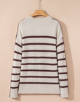 Stripe Ribbed Slouchy Drop Shoulder Henley Sweater