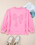Pink Big Bow Lace Embroidered Dolman Sleeve Slit Plus Size Sweatshirt