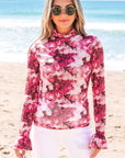 Floral Mesh Flounce Sleeve Mock Neck Blouse
