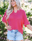 Delilah Textured Knit Split Neck Cuffed Short Sleeve Top