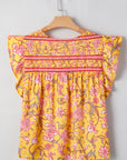 Floral Ruffle Sleeve Notched Neck Blouse