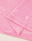 Pink Plus Size Bow Embroidered Mesh Long Sleeve Top
