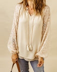 Leopard Mesh V-Neck Bubble Sleeve Blouse