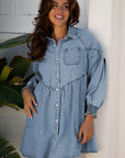 Denim Smocked Cuffs Shirt Mini Dress