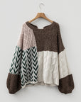 Colorblock Cable Knit Patchwork Tied Back Sweater